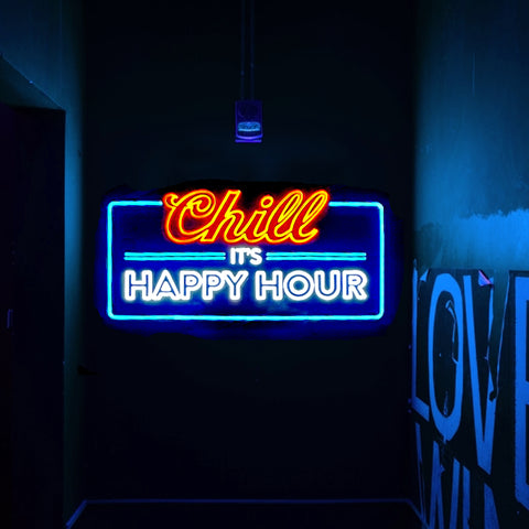 Chill it's happy hour home bar neon sign