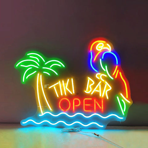 tiki bar open with parrot and palm tree neon sign