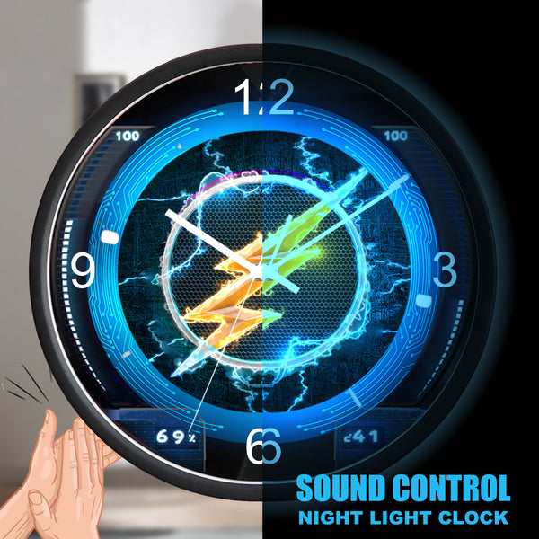 sound control thunder wall clock,automatic flash night light