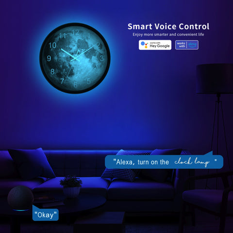 grey moon smart AI clock lamp,voice control RGB planetary wall clock