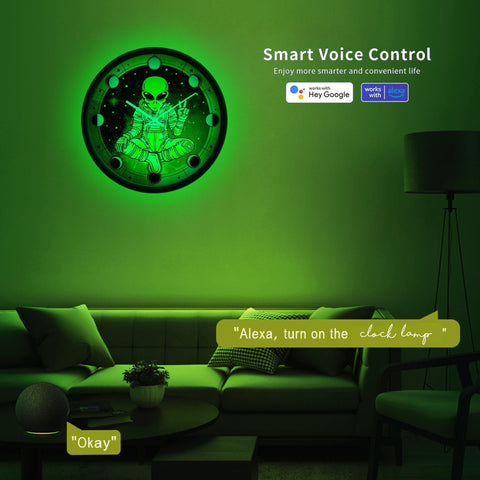 green alien spaceman AI smart clock lamp,voice control RGB alien wall clock